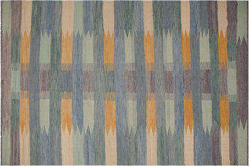 Flat Weave Kilim, Antique, Navaho, Vintage, Handmade, Modern Kilim Blue Beige Hand-Woven Rectangle 100% Wool Area Rug 9 x 12
